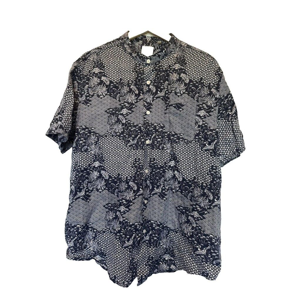 Baird McNutt Linen Murano Short Sleeve Button Down XL Band Collar Navy White